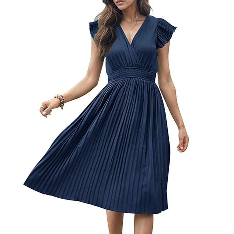 Robe midi plissée pour femmes avec col en V et manches volumineuses Levoire