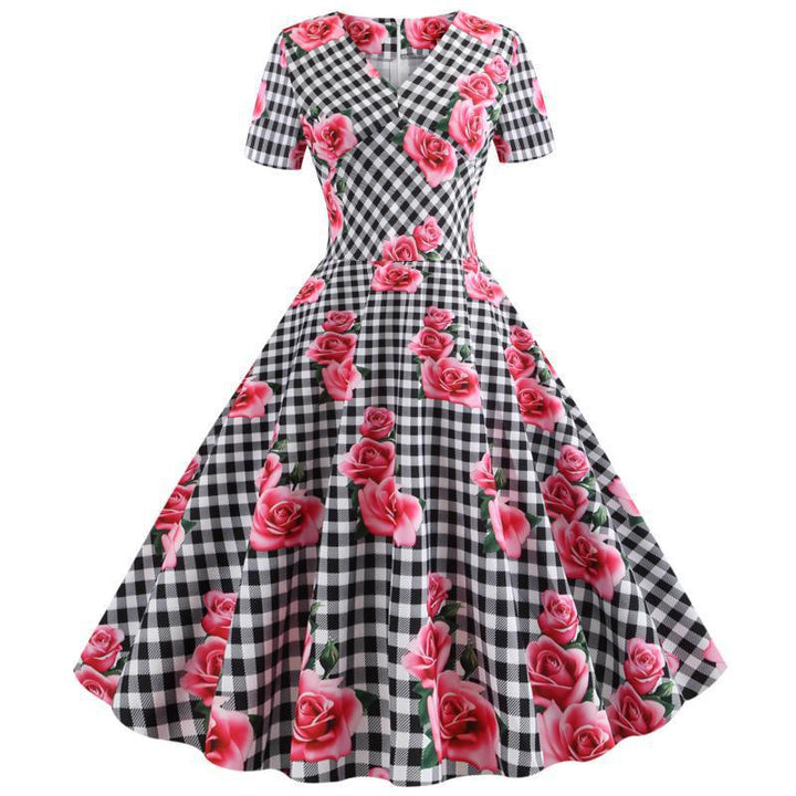 Robe Rockabilly Femme avec Motif Floral à Carreaux Levoire