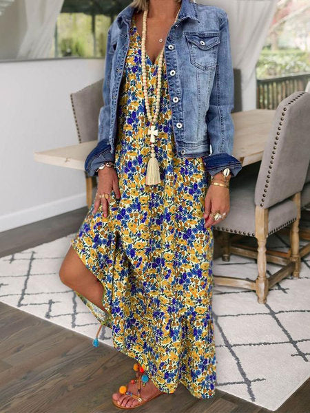 Levoire | Robe Longue Avec Décolleté En V Et Imprimé Bohème Jaune