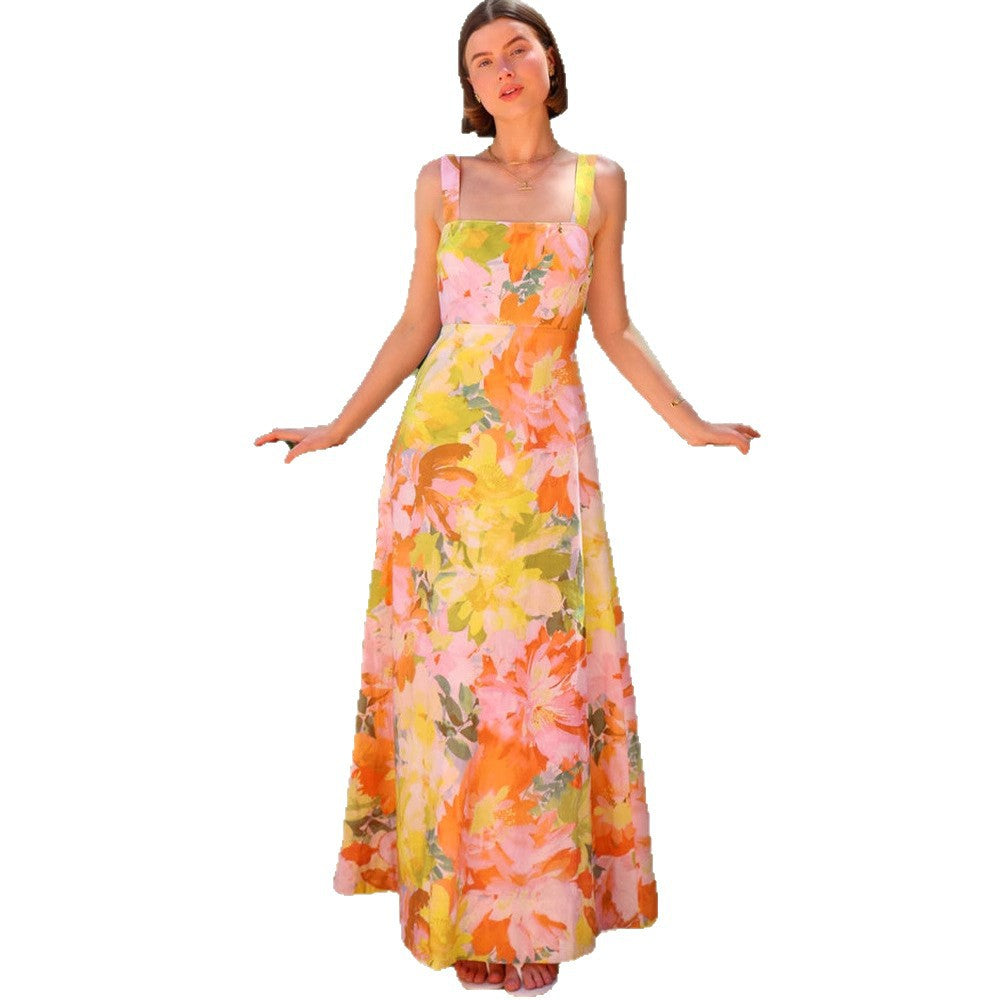 Robe maxi florale pour femmes avec coupe ajustée et bretelles spaghetti Levoire