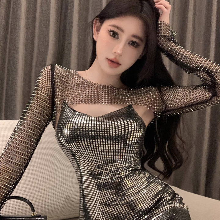 Levoire | Top en strass ensemble de paillettes Jupe à volants en paillettes gilet sans manches Une taille