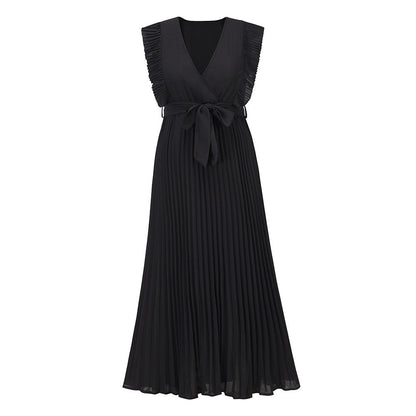Levoire | Robe élégante de plage slim sexy avec manches à volants en chiffon de couleur unie Noir
