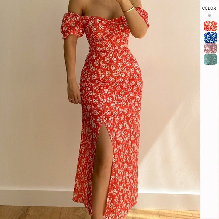 Robe maxi ajustée pour femmes avec manches bouffantes et design floral Levoire