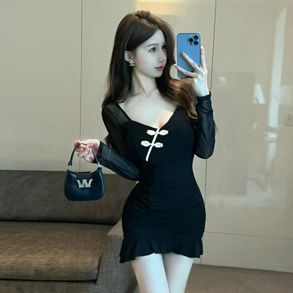 Levoire | Sexy Réseau Manche Longue Robe Bodycon en Coton