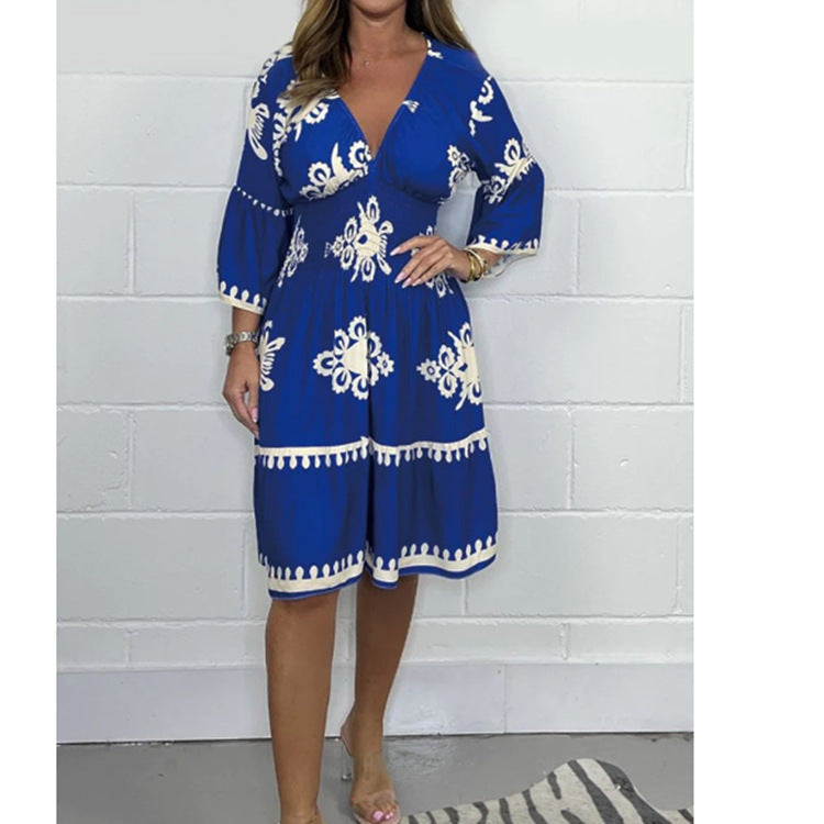 Levoire | Robe Fleur Été Fleur Trois-quarts Manches Robe Bleu
