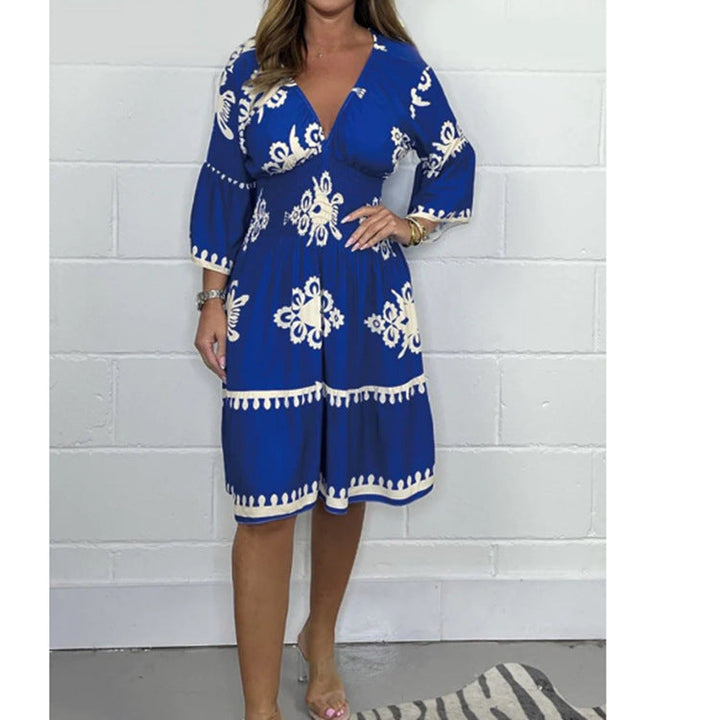 Levoire | Robe Fleur Été Fleur Trois-quarts Manches Robe Bleu