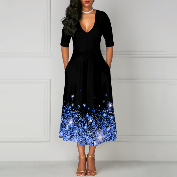 Levoire | Robe à poches à col en V imprimé chic à cinq manches Bleu