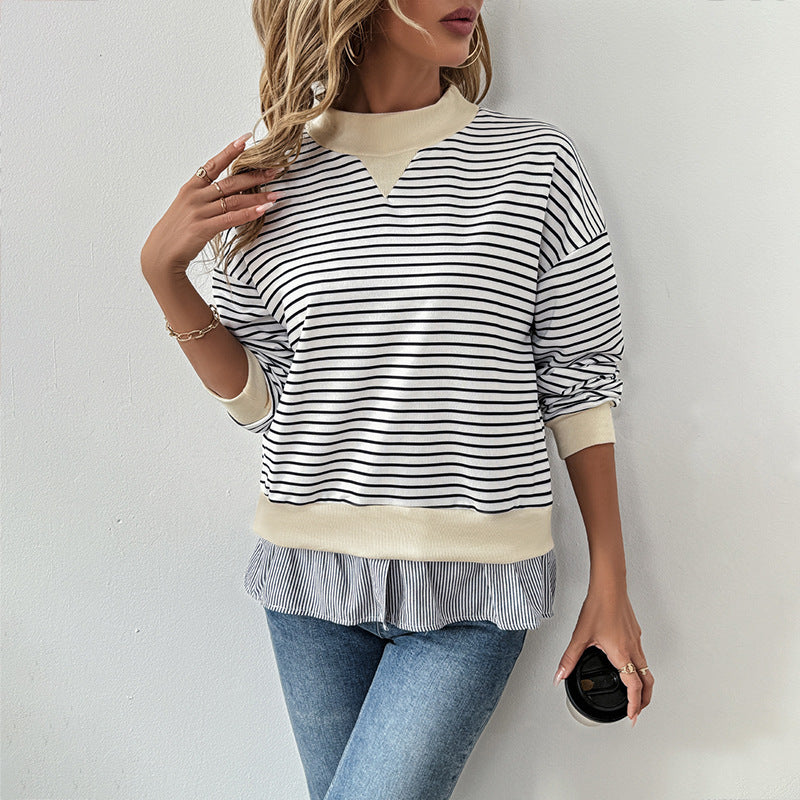 Sweat-shirt tendance pour femmes avec motif de rayures asymétriques et finition à volants Levoire