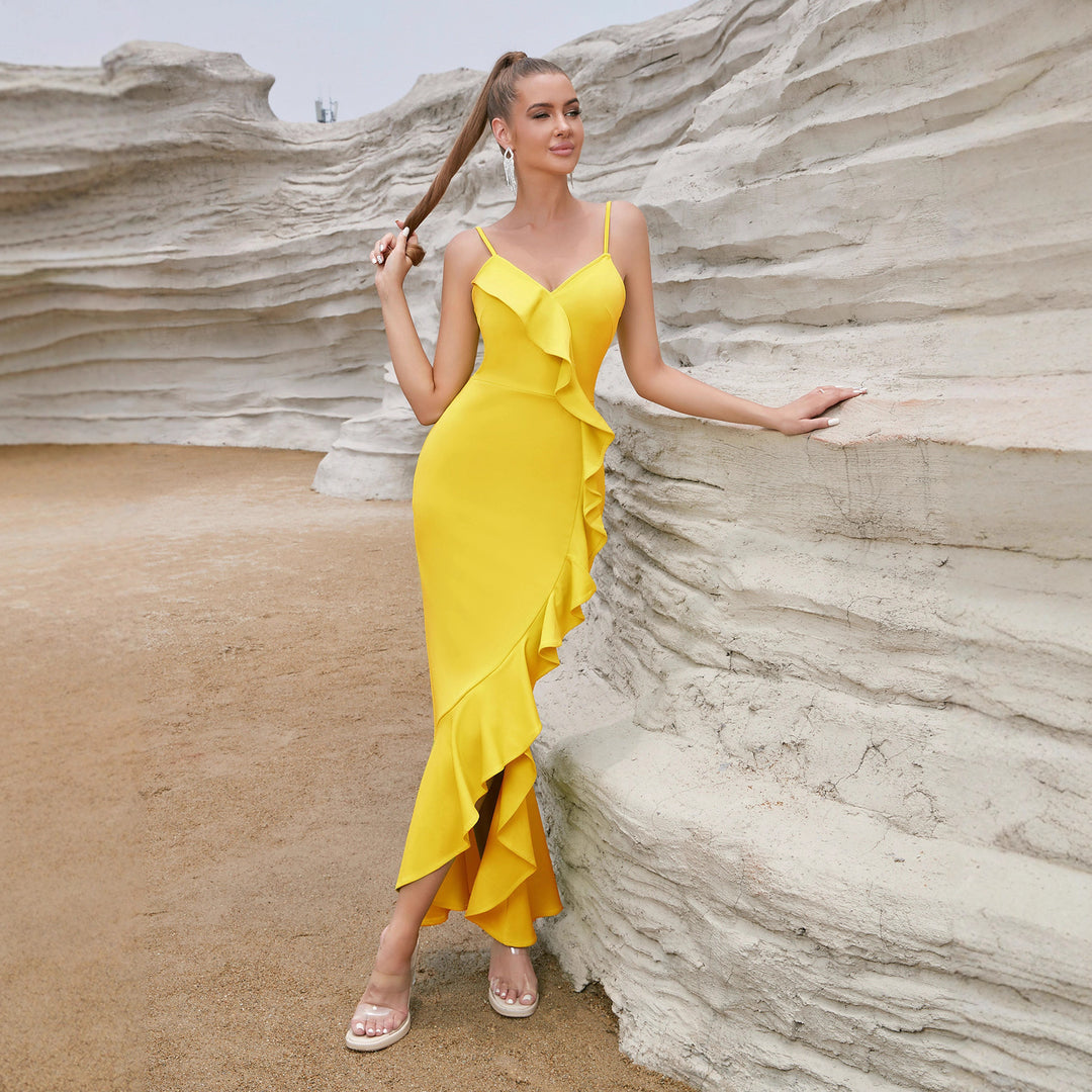 Robe Maxi Sexy pour Femme avec Volants et Fente Haute Levoire