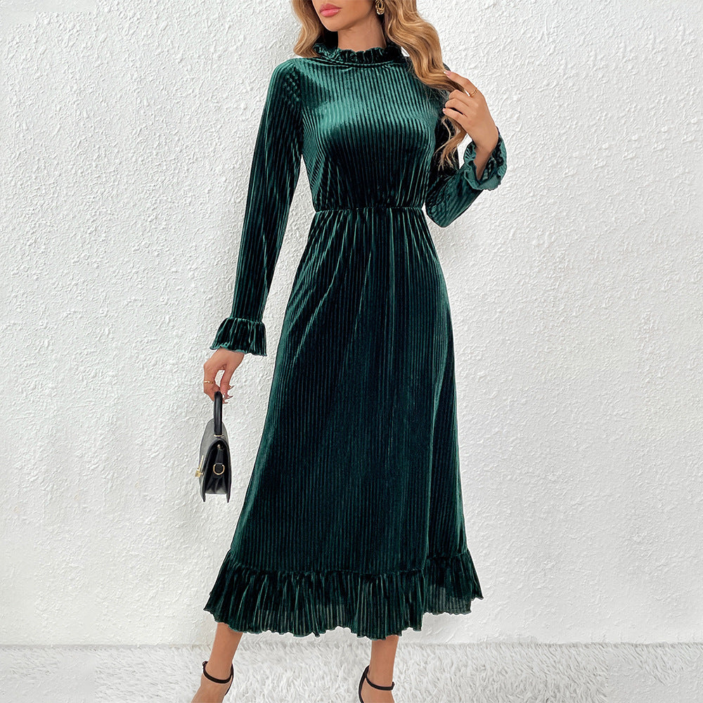 Robe portefeuille à manches longues pour femmes en velours luxueux avec détails en volant Levoire