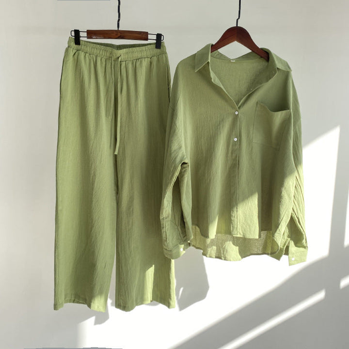 Levoire | Ensemble Chemise Coton Lin Et Pantalon Taille Haute Herbe verte