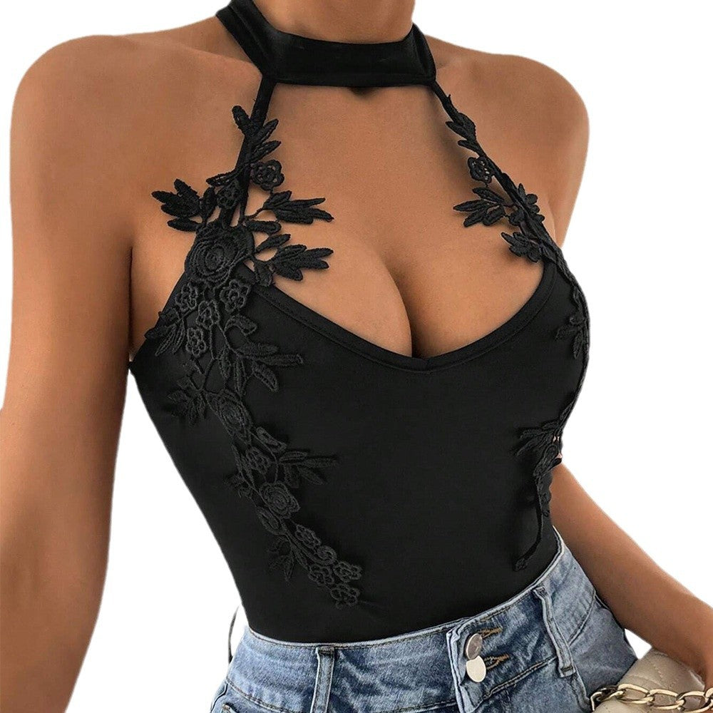 Body-halter pour femme avec accents en dentelle florale et décolleté en V profond Levoire