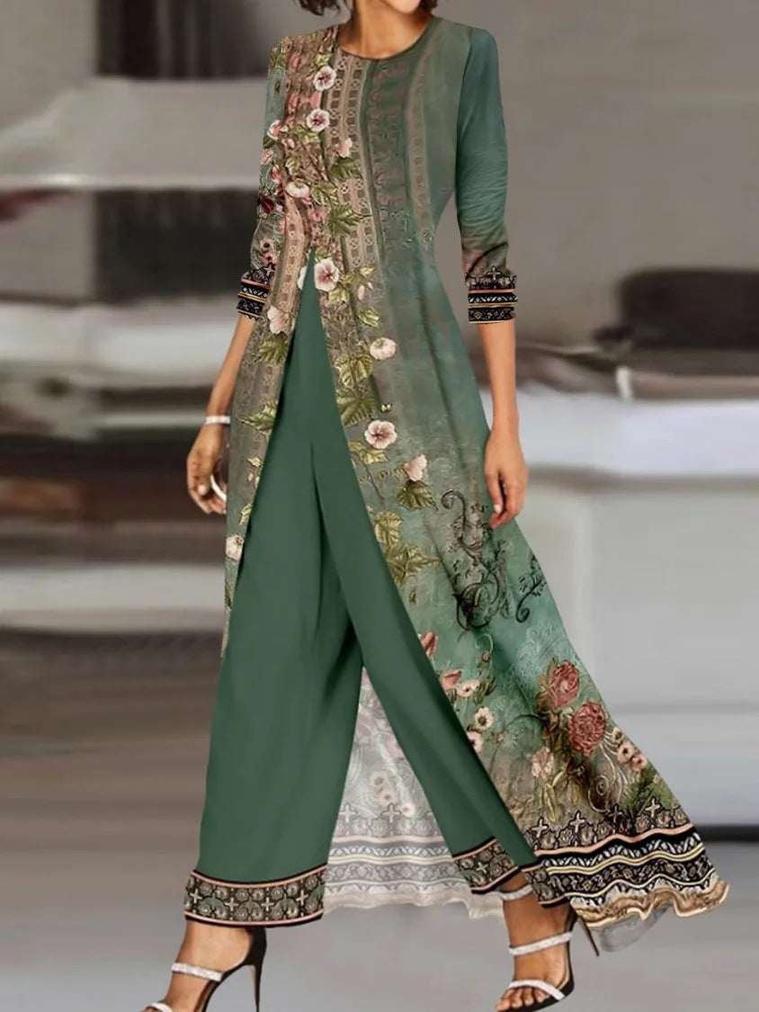 Levoire | Imprimé col rond robe-pantalon ensemble Vert