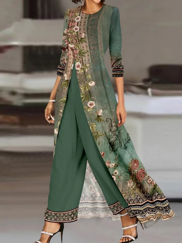 Levoire | Imprimé col rond robe-pantalon ensemble Vert