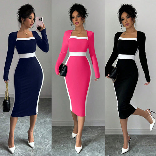 Robe midi ajustée pour femme avec décolleté carré et accents contrastants Levoire