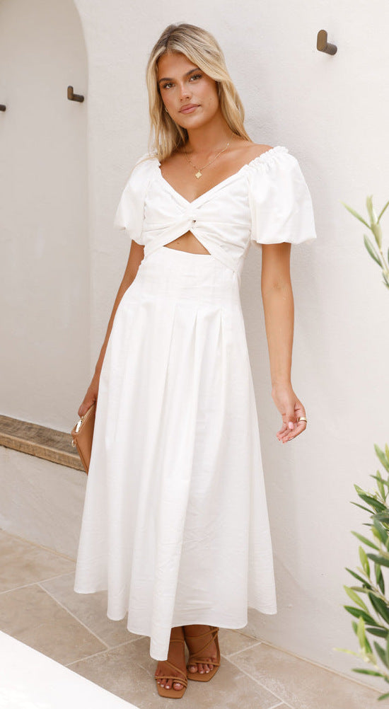 Robe midi femme avec un détail de nœud ludique et un design à manches bouffantes Levoire