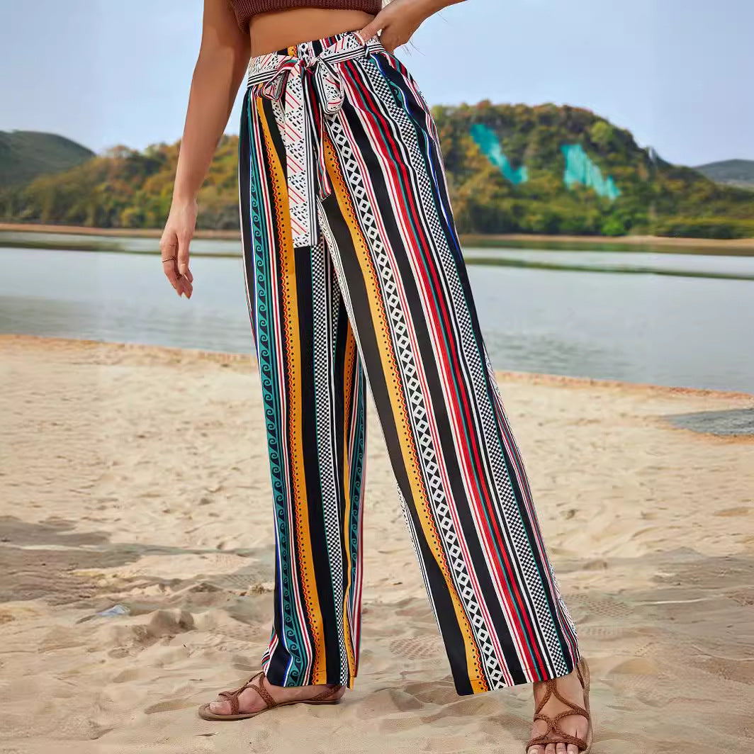 Pantalons larges d'été pour femmes avec ceinture polyvalente et motif saisissant Levoire