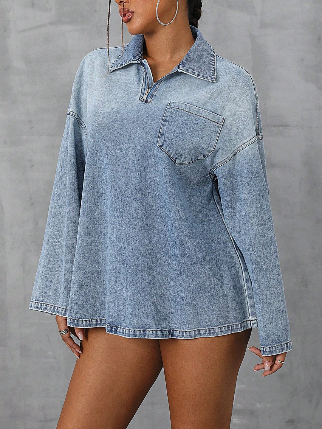 Blouse en denim surdimensionnée pour femmes avec fermeture éclair pratique et col décontracté Levoire