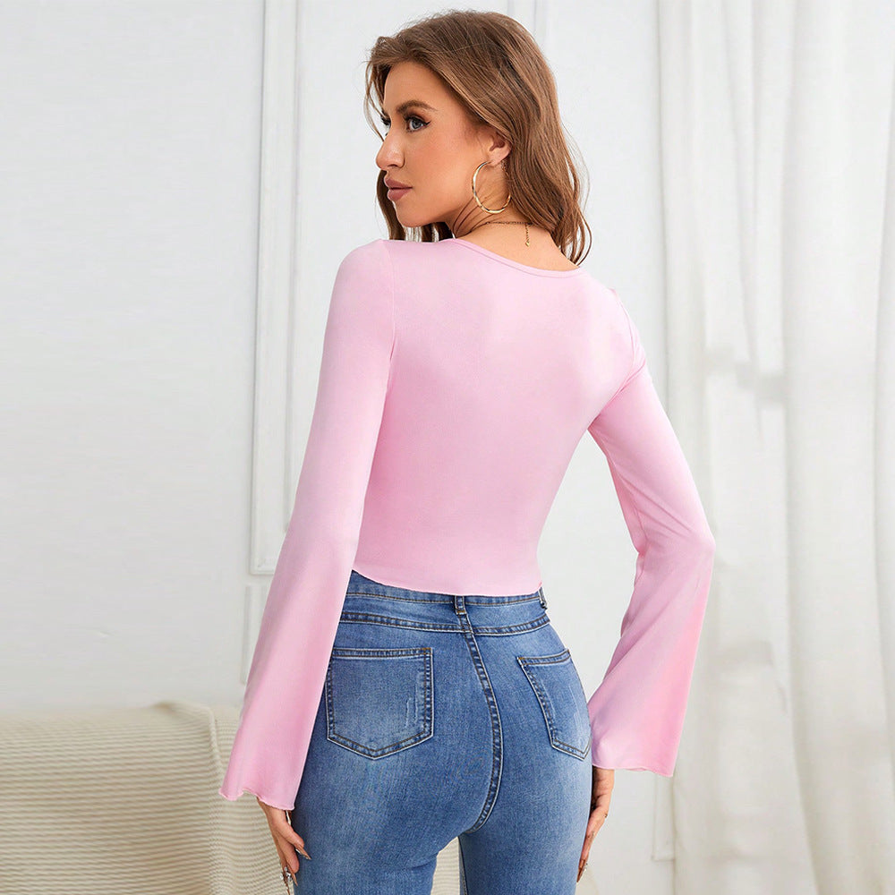 Body à manches longues pour femmes avec un décolleté carré de bon goût et un design à volants élégant Levoire