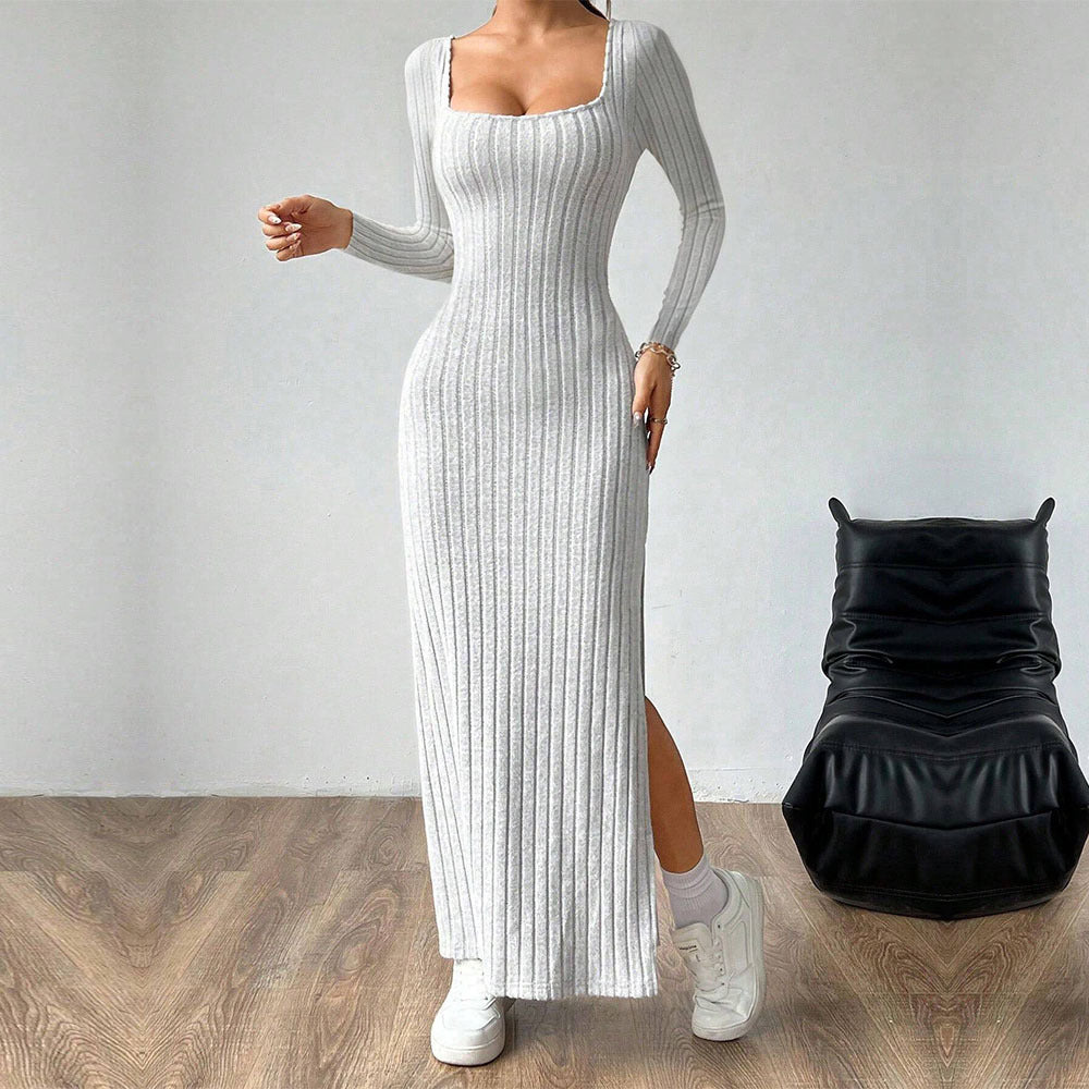 Robe Maxi Femme avec Tricot Côtelé Élégant et Fente Chic Levoire