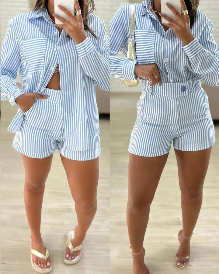 Levoire | Chemise rayée et shorts pour femmes Bleu