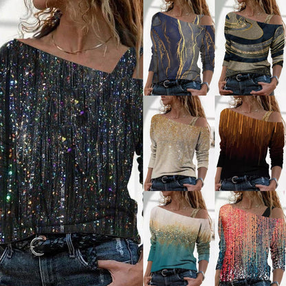 Levoire | T-shirt off-shoulder à imprimé marbré tendance à manches mi-longues