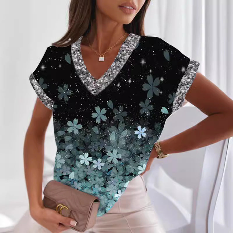Levoire | T-shirt imprimé tendance à col en V et manches chauve-souris