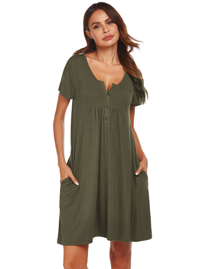 Levoire | Modal-robe de nuit Printemps Été Manches courtes Poche Nuit Vert foncé militaire