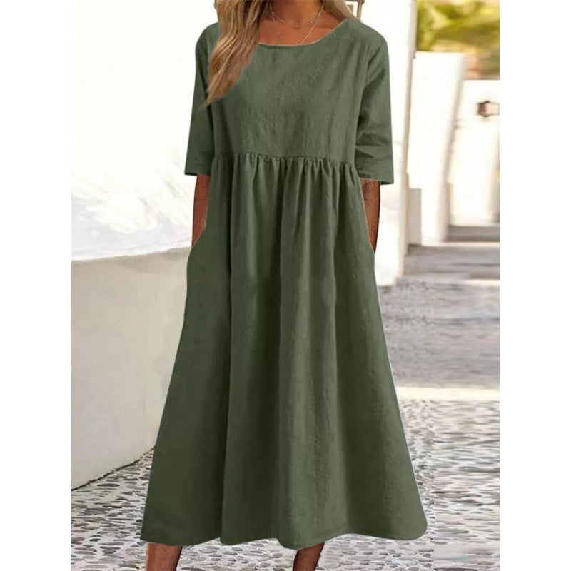 Levoire | Robe Longue Uni en Coton Lin sans Louer Olive vert