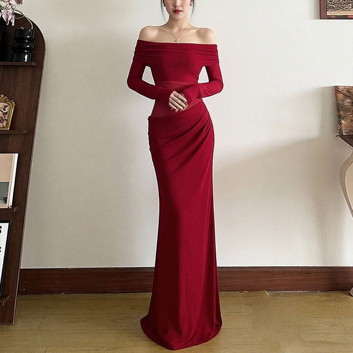 Robe maxi élégante pour femme à épaules découvertes avec détails en volants et manches longues Levoire