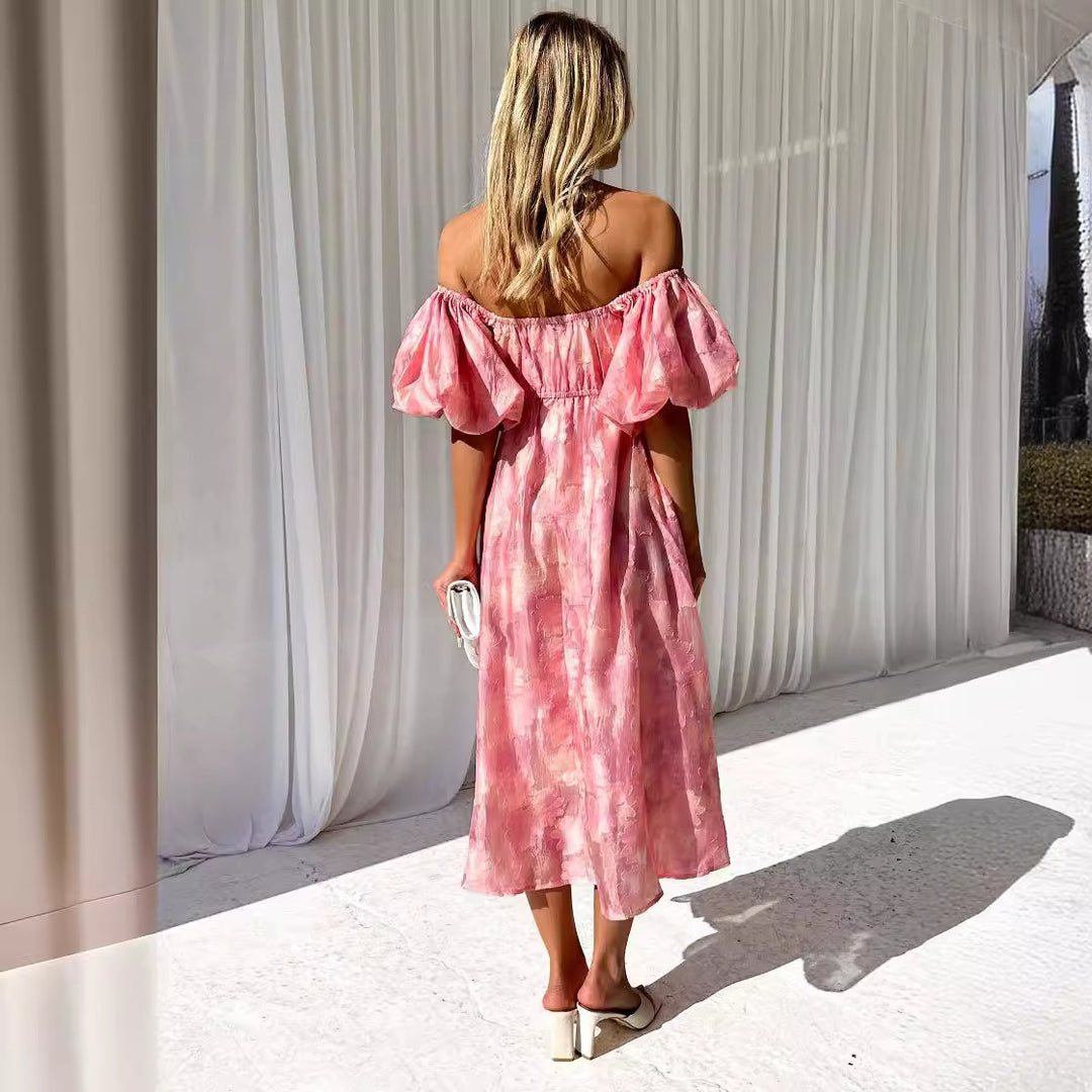 Robe Midi Femme avec Manches Bouffantes et Design Floral Levoire