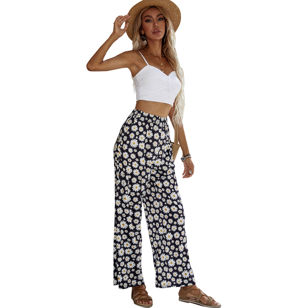 Pantalons larges d'été pour femmes avec motif floral et taille élastique Levoire