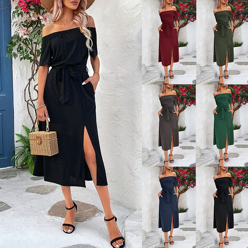 Robe maxi décolleté pour femmes avec fente élégante et ceinture à la taille Levoire