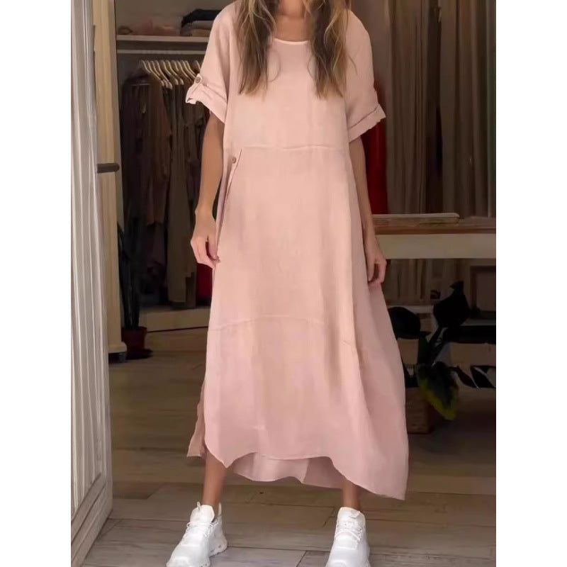 Levoire | Robe en coton-lin à manches courtes unie relaxante et ample