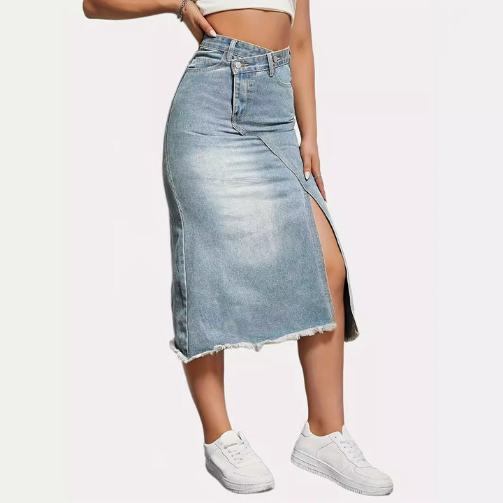 Jupe en denim longue pour femme avec fente asymétrique et ourlet effiloché Levoire