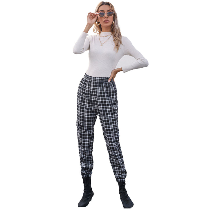 Pantalons à carreaux décontractés pour femmes avec taille élastique et poches latérales pratiques Levoire