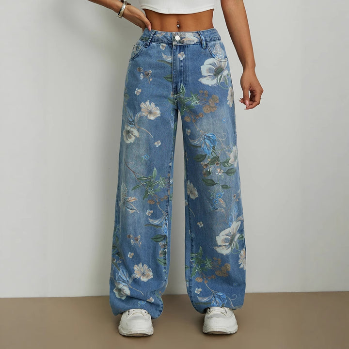 Jeans larges pour femmes avec design floral et taille haute Levoire
