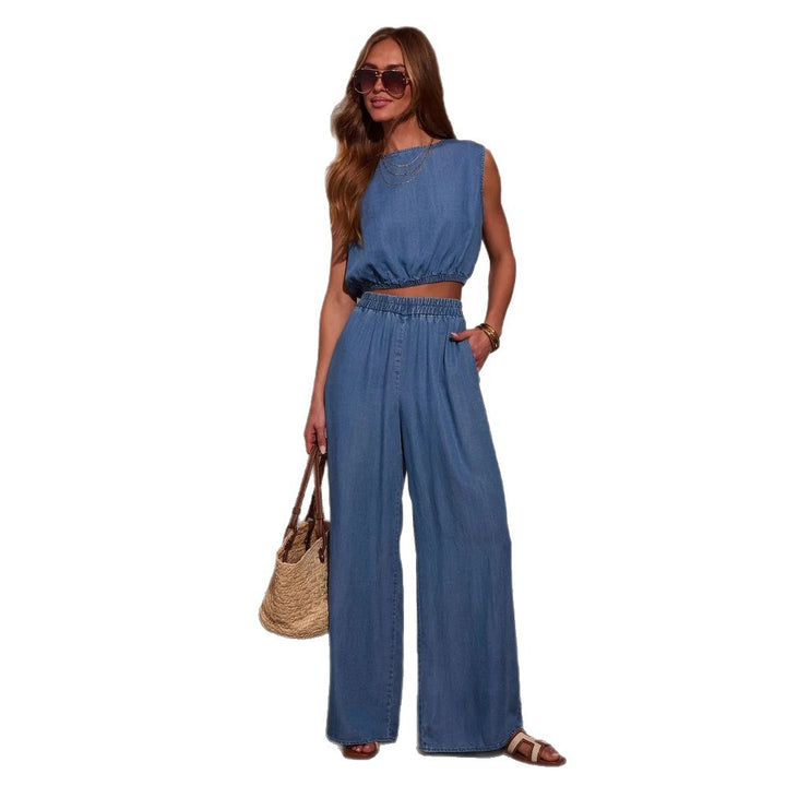 Ensemble décontracté en denim pour femme avec top court et pantalon large Levoire