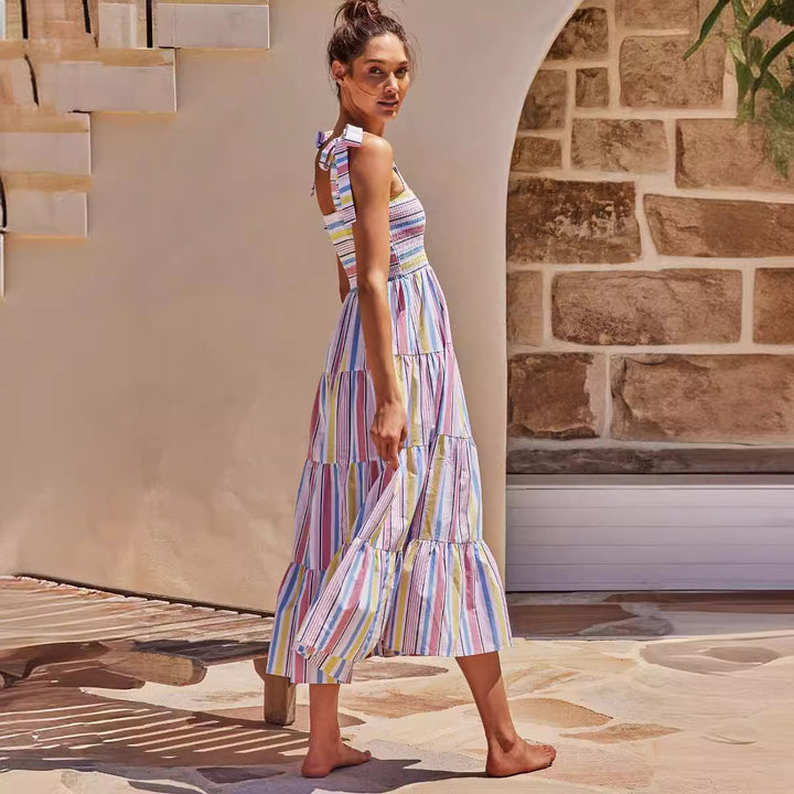 Robe maxi aérienne pour femme avec haut élastique et volants rayés Levoire