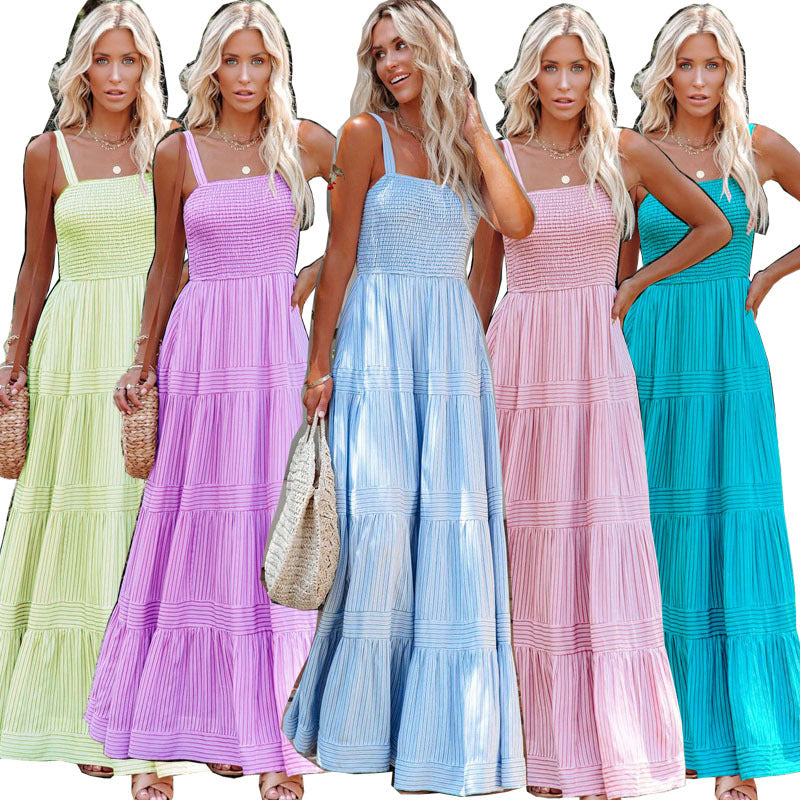 Robe maxi longue pour femme, légèrement évasée, avec fronces et bretelles spaghetti Levoire
