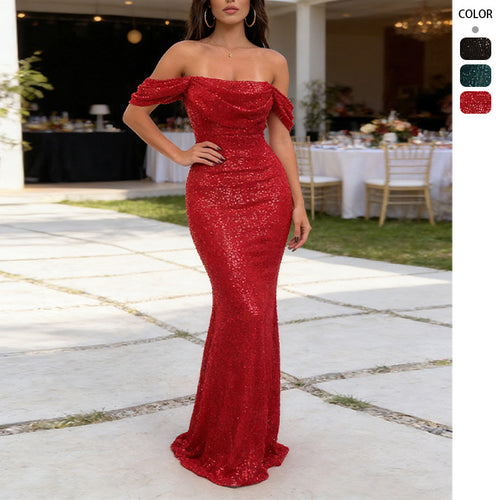 Robe de soirée scintillante pour femmes à design dénudé des épaules Levoire