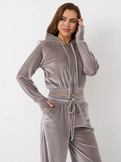 Levoire | Confortable Hopeafox-Velours-Hoodie-Couleur-Pantalon-Set Gris