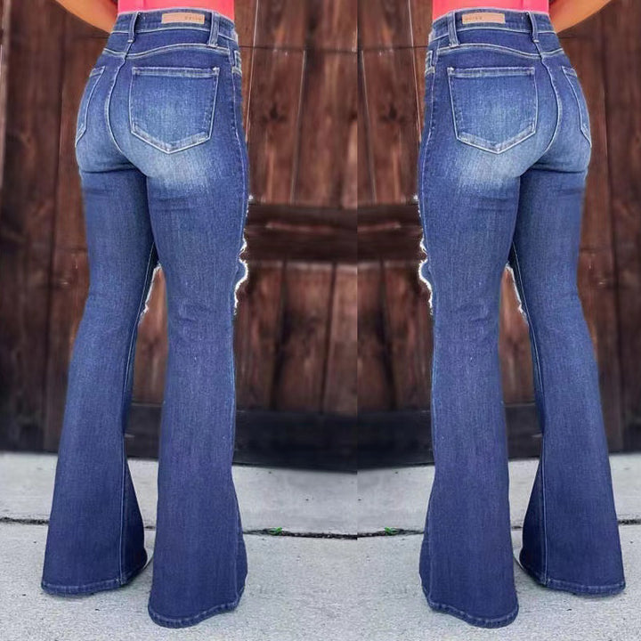 Jeans évasés pour femmes au look détruit avec poches hautes et ourlet effiloché Levoire