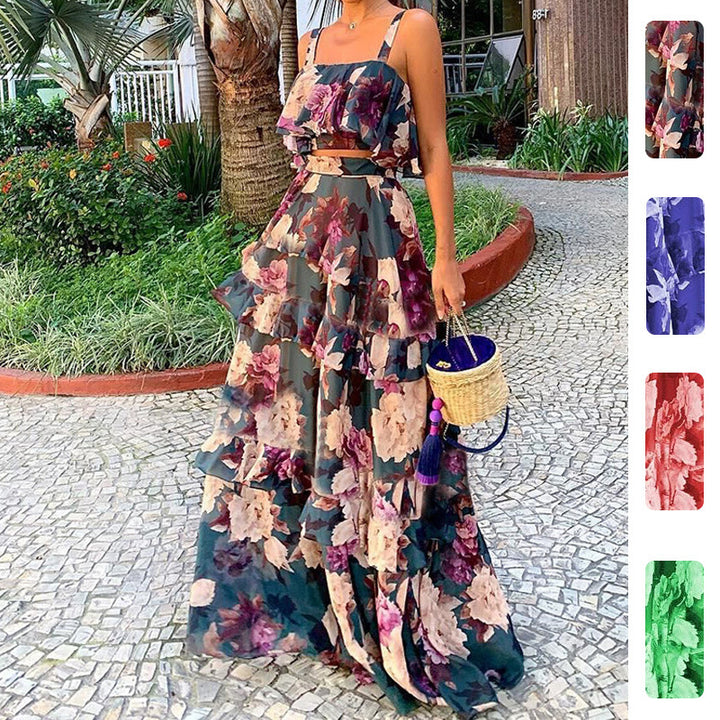 Robe Maxi Femme avec Motif Floral et Volants Levoire