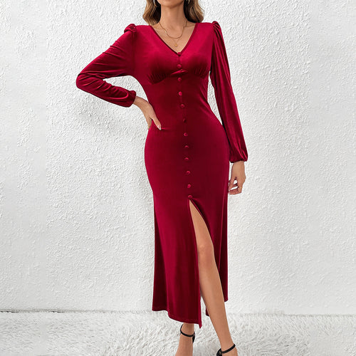Robe mi-longue en velours élégante pour femmes avec manches longues et décolleté en forme de cœur Levoire