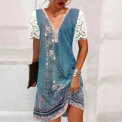 Levoire | Élégant Imprimé Robe À Manches Longues Col V 2# Bleu