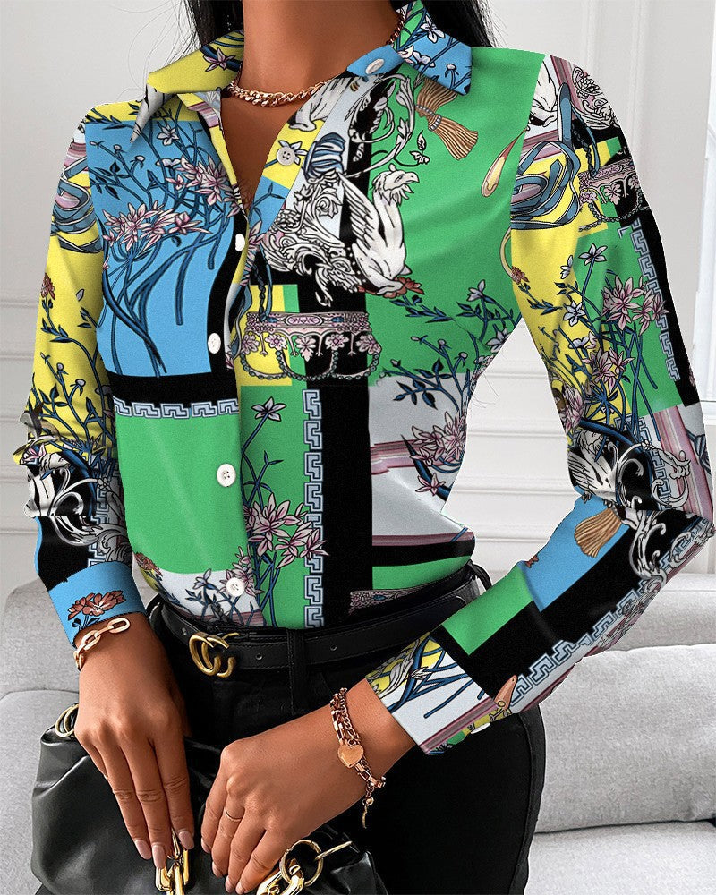 Levoire | Élégante chemise à manches longues imprimée printemps-automne Impression verte
