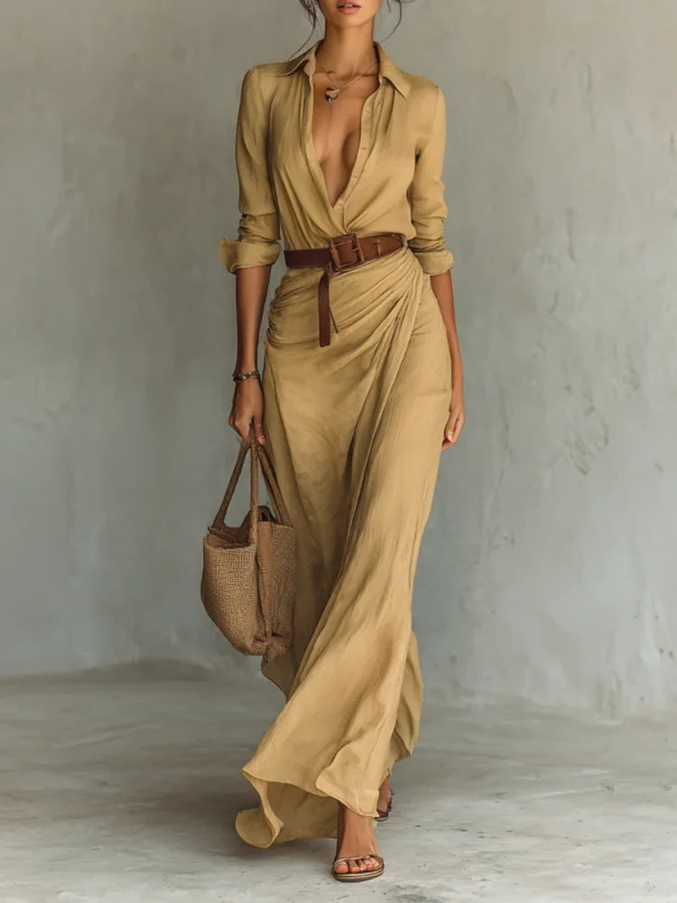 Robe maxi pour femme avec col de chemise classique et ceinture latérale Levoire