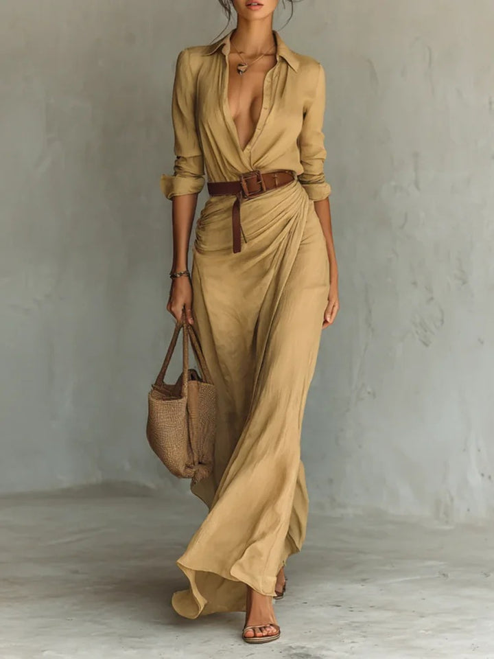 Robe maxi pour femme avec col de chemise classique et ceinture latérale Levoire