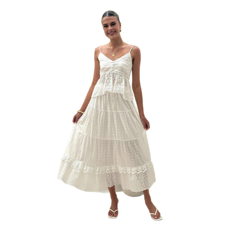 Robe maxi pour femmes avec dentelle aérée et bordure en volants ludiques Levoire